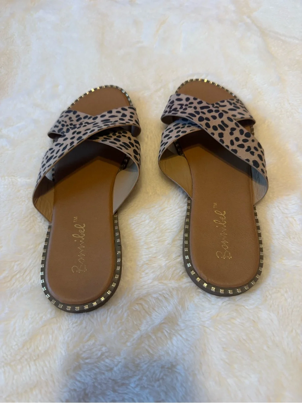 Womens Leopard Print Cross Strap Slide Sandals - Tan/Black, Size 7.5